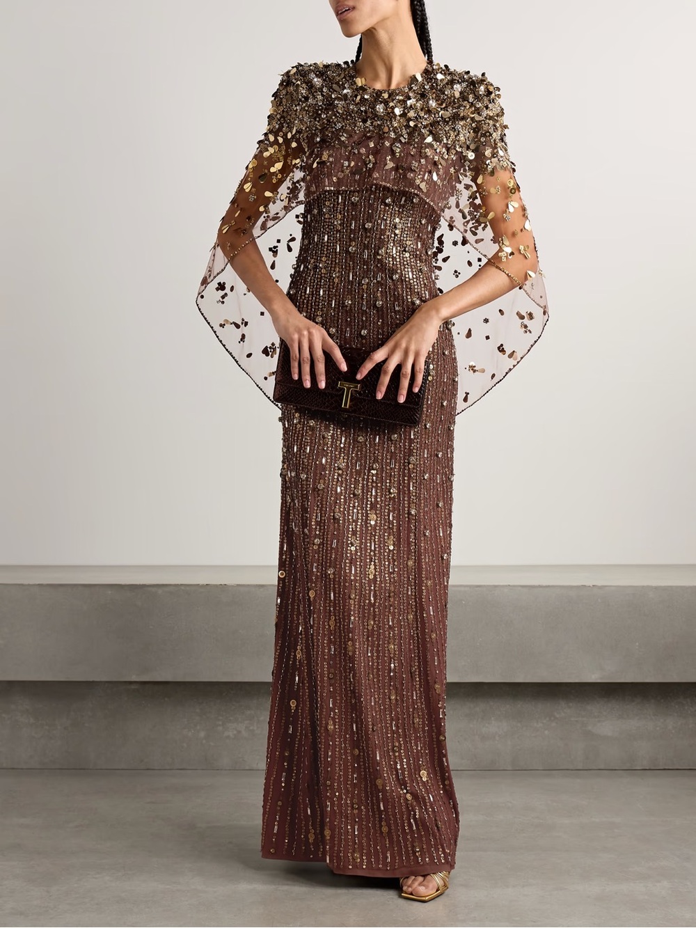 Jenny Packham Nettie cape-effect embellished sequined tulle gown in Bronze